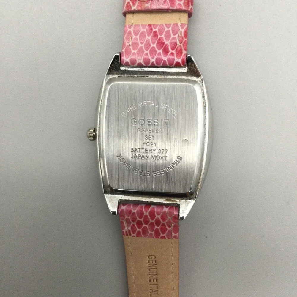 Gossip Womens Watch 31mm Silver Tone White Dial Pink Leather Tonneau New Battery